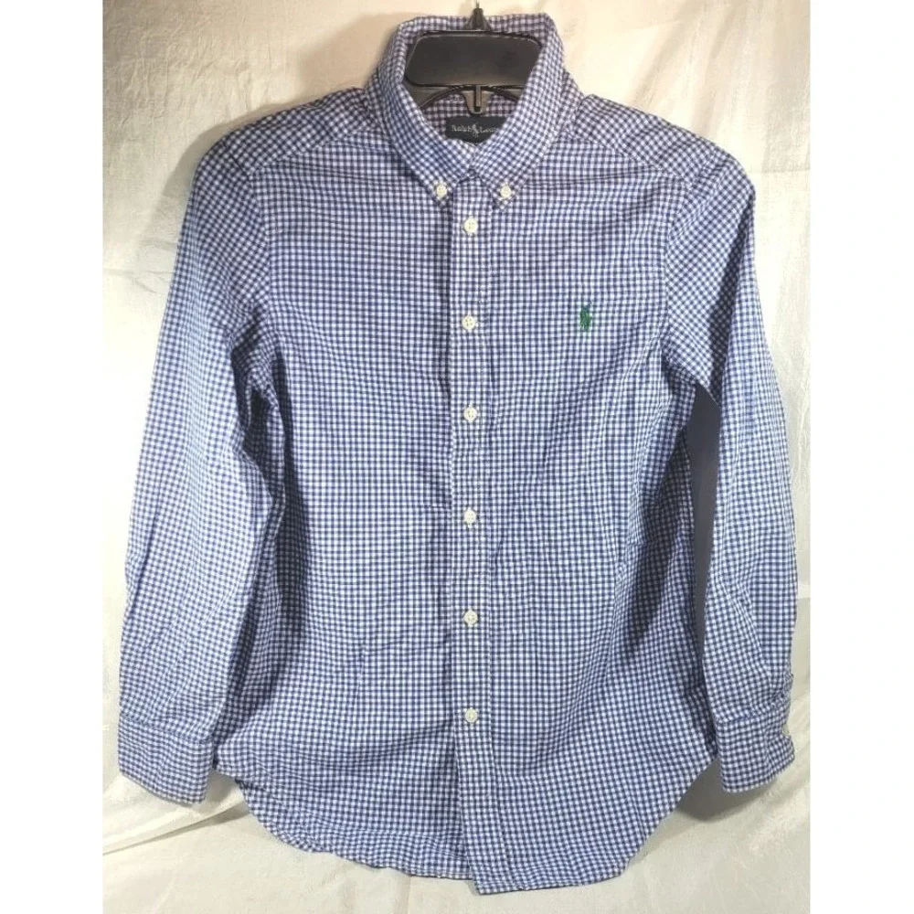 Ralph Lauren Boy's Gingham Checkered Long Sleeve Button-up Shirt - Blue M 10/12